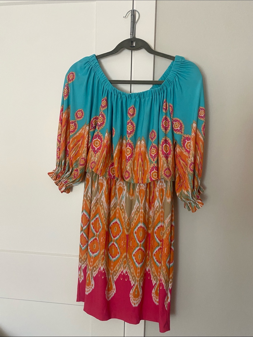 Boston Proper Turquoise, Orange & Pink Off-Shoulder Midi Dress/LN